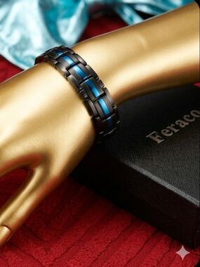 Men's Black and Blue pain relief steel magnetic bracelet, therapy